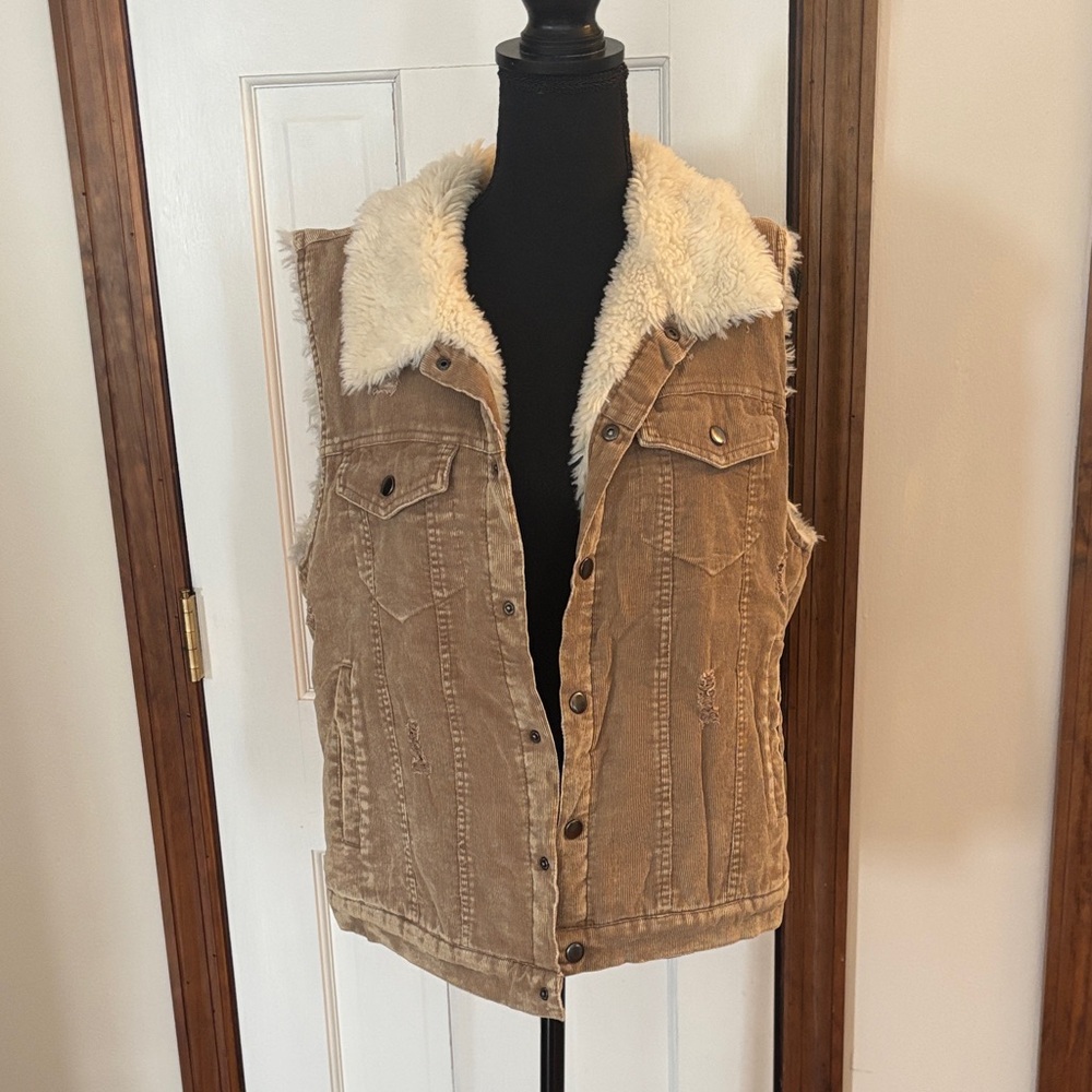 BKE Brown Distressed Corduroy Vest with Faux Fur
